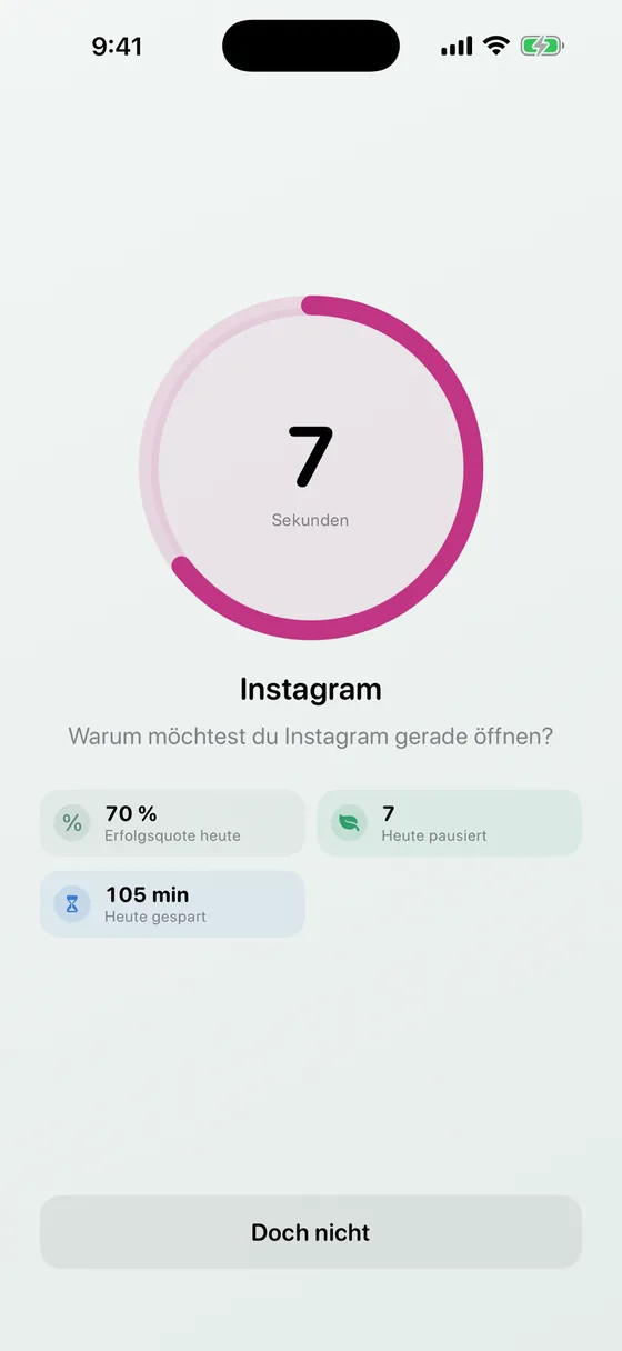 Wartescreen von Think First mit Countdown und der Frage, ob die App wirklich geöffnet werden soll.